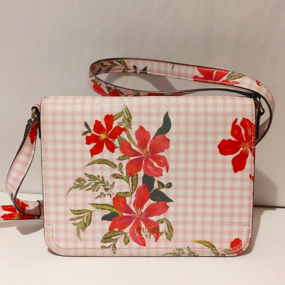 GUESS Crossbody Purse Pink Gingham Pattern Floral 1981 Handbag - Picture 1 of 12